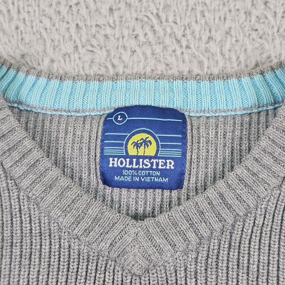 Hollister Sweater Mens Large Gray Cotton V Neck Knit Pullover Embroidered Y2K - Picture 5 of 9
